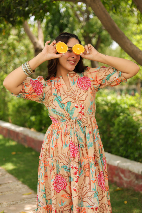 Women Floral Printed Puff Sleeve Fit & Flare Dress